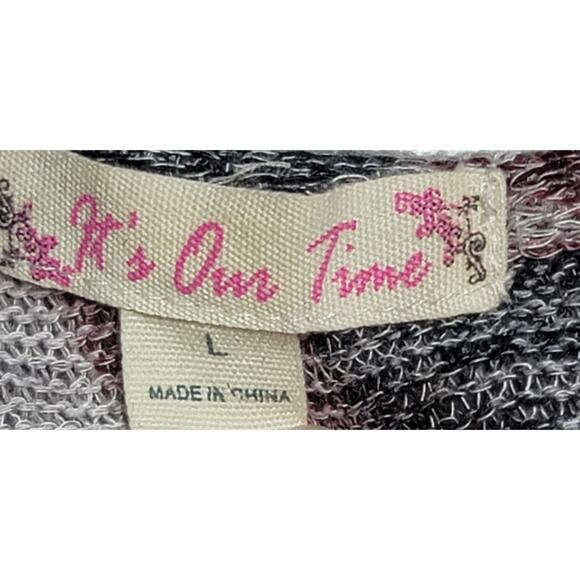 It's Our Time Gray Burgundy Black Open Front Hooded Coatigan Large Lightweight - Picture 3 of 5